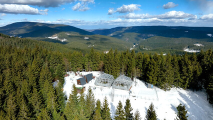 Greenhouse science snow winter frost drone aerial open top chambers climate change research Bily...