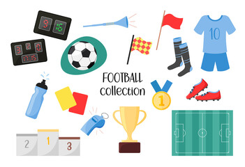 Football elements set. Vector collection of soccer game objects isolated on white background. Flat illustration of ball for football sport game, equipment and cloth © Anna Shalygina
