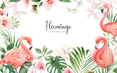 Watercolor tropical illustration with pink flamingos and palm leaves. Hand painted birds, exotic flowers and greenery isolated on white background. Jungle florals for design, print, invitations, cards © Victoria Pak