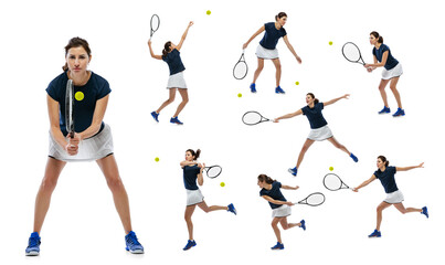 Fototapeta na wymiar Set of portraits of active young woman, tennis player in motion, training isolated over white studio background