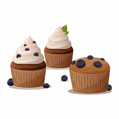 Cupcakes, blueberry muffins, mint leaf decor, whipped cream. Homemade pastry, pastry shop, bakery, sweets vector image for poster, banner, advertisement, sticker