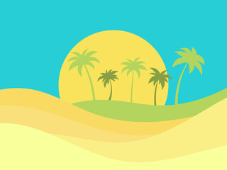 Fototapeta na wymiar Palm trees on the background of the desert. Summer time. Tropical landscape in flat style. Wavy desert landscape. Design for banners, posters and promotional items. Vector illustration
