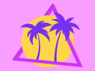80s palm trees at sunset. Summer time. Retro futuristic sun. Synthwave and retrowave style. Design for advertising brochures, banners and posters. Vector illustration