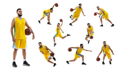 Fototapeta na wymiar Set of dynamic portraits of professional basketball player training, practising isolated over white studio background