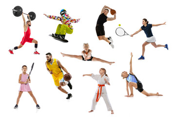 Fototapeta na wymiar Set of portraits of young people and children doing different sports, training isolated over white studio background