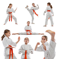 Fototapeta na wymiar Set of portraits of active little girl, child training karate, martial arts isolated over white studio background