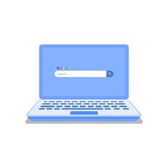 Laptop computer with search engine on screen. Online search, and seeking information on internet concept. Vector illustration.