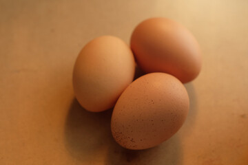 chicken eggs in warm light on a wooden table	