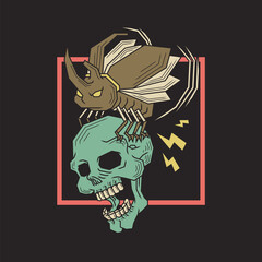 Fototapeta na wymiar Retro illustration of flying beetle carrying a skull