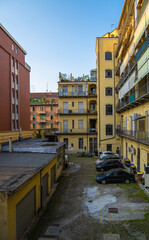 Fototapeta na wymiar TURIN, ITALY - August 23, 2021:View of Typical apartament building in the streets of Turin, Italy