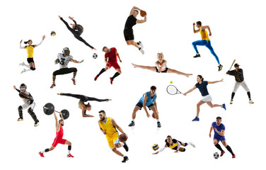Set of dynamic portraits of young people and children doing different sports, training isolated over white studio background. Sportive lifestyle