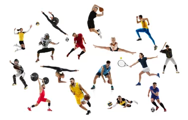 Tuinposter Set of dynamic portraits of young people and children doing different sports, training isolated over white studio background. Sportive lifestyle © master1305