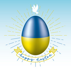 Happy Easter Peaceful Concept with Colored Easter Egg Dove Peace Symbol over It Sunburst and Hand Drawn Logo Lettering on Ribbon - National Colors of Ukraine on Blue Background - Mixed Graphic Design © Drug Naroda