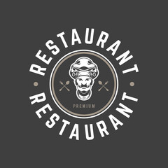 Fototapeta na wymiar Restaurant logo template vector object for logotype or badge design. Trendy retro style illustration, chef man silhouette.
