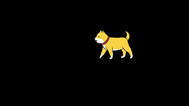 歩いて前進する犬のイラストアニメーション。柴犬のイメージ。アルファチャンネル付き。