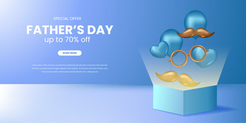 Love Dad sale promotion banner father day with open surprise gift box with 3d blue hearth shape and golden mustache