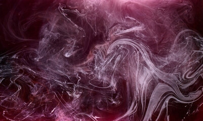 Black and red ink background, colorful fog, abstract swirling ocean, acrylic paint pigment...