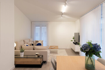 Living room of attic floor with modern and minimalist style. wood, white, beige