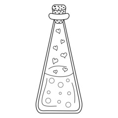 Love potion in a glass vessel. Magic bottle with elixir and hearts. Flask in doodle style.
