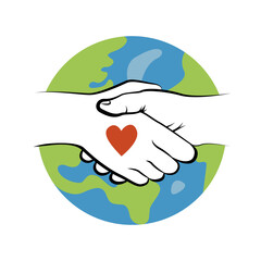 Hands on background of globe, the earth. Handshake, partnership, peace concept. Vector illustration.