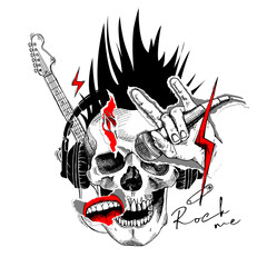 Collage in a Rock Culture style. Human skull in headphones with a red rose bud, lips, lightning, pin, guitar, hand with microphone. Vector illustration. - obrazy, fototapety, plakaty