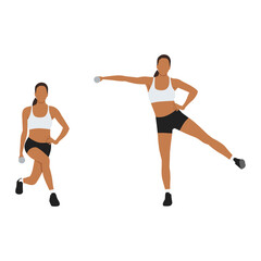 Fototapeta na wymiar Woman doing Curtsy lunge side kick lateral raise exercise. Flat vector illustration isolated on white background