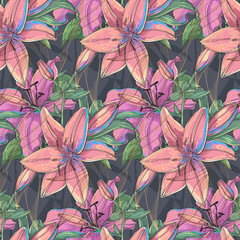 seamless pattern with bright colours and glowing pink flowers lilies and silhouettes of flowers and leaves in the background