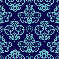 Seamless pattern with blue damask ornament.