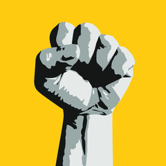 The fist raised in the gesture of struggle. Symbol of resistance. Vector image on yellow background.