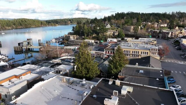 Cinematic 4K aerial drone bird's-eye flyover shot of the Port and town of Friday Harbor with the ferry terminal, commercial zone, downriggers in the San Juan Islands