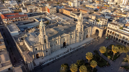 Aerial view of the Cathedral of Arequipa in the city of Arequipa.