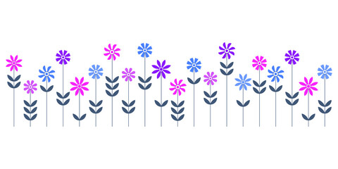 Flower border flat style simple vector illustration.Floral pattern isolated on white for print, background, banner or card. Bright color botany backdrop.