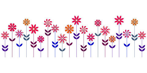 Flat style flower border simple vector illustration.Floral pattern isolated on white for print, background, banner or card. Bright color botany backdrop.