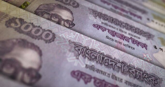 Bangladeshi Taka banknote loop. BDT money texture. Concept of economy, business, crisis, banking, recession, debt and finance in Bangladesh. Moving over note. Loopable seamless 3d animation.
