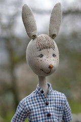 Portrait of a doll rabbit boy in a  plaid shirt.