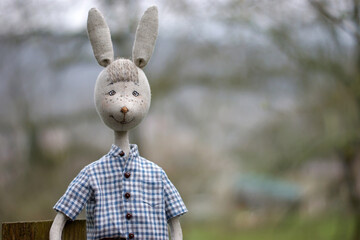 Cute doll rabbit boy in a blue plaid shirt