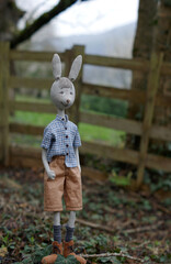 Doll bunny in a  plaid shirt standing in front of the wooden fence