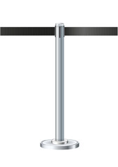 Retractable belt rack. Portable tape barrier. Black tape for fencing on silver supports.