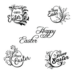 Easter phrases. Greeting card text templates with easter eggs isolated on white background.
