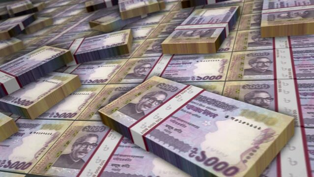 Bangladeshi Taka banknote bundle loop. BDT money stacks. Concept of business, economy, banking and finance in Bangladesh. Camera over cash packs. Loopable seamless 3d animation.