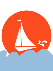 A ship in the sea on the waves against the background of the orange sun. Summer holiday concept. Yacht in the sea