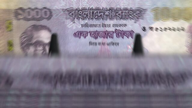 Bangladeshi Taka money counting machine with banknotes. Quick BDT currency note down rotation. Business and economy in Bangladesh. Concept loopable and seamless background.