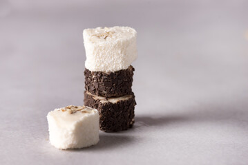 Tasty and Fresh Lokum Turkish Delight Cotton Candy Gray Background Ramadan Dessert Copy Space