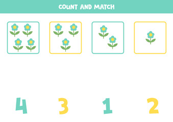 Counting game for kids. Count all flowers and match with numbers. Worksheet for children.