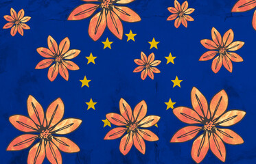 Fototapeta na wymiar Digital composite image of flowers over european flag painted on wall, copy space