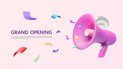 Grand opening banner, 3D pink megaphone with confetti, Vector illustration