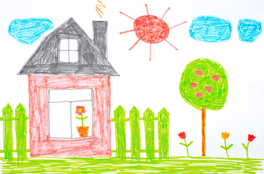 A house, a fence, flowers and an apple tree. Children's drawing on paper.