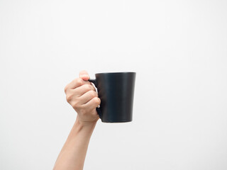 Close up hand holding coffee cup white isolated