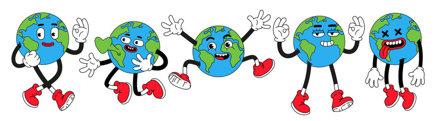 Earth characters in trendy retro cartoon style. Funny globe with smiley face.