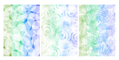 Floral grunge background for design. Set of backgrounds for invitations, cards, posters, wallpapers. Watercolor effect with patterns and textures. Blue, violet, green gradient